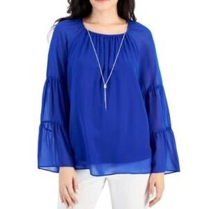 JM‎ Collection Top Womens Large Blue Solid Tiered Bell Sleeve Gauze Blouse NWT